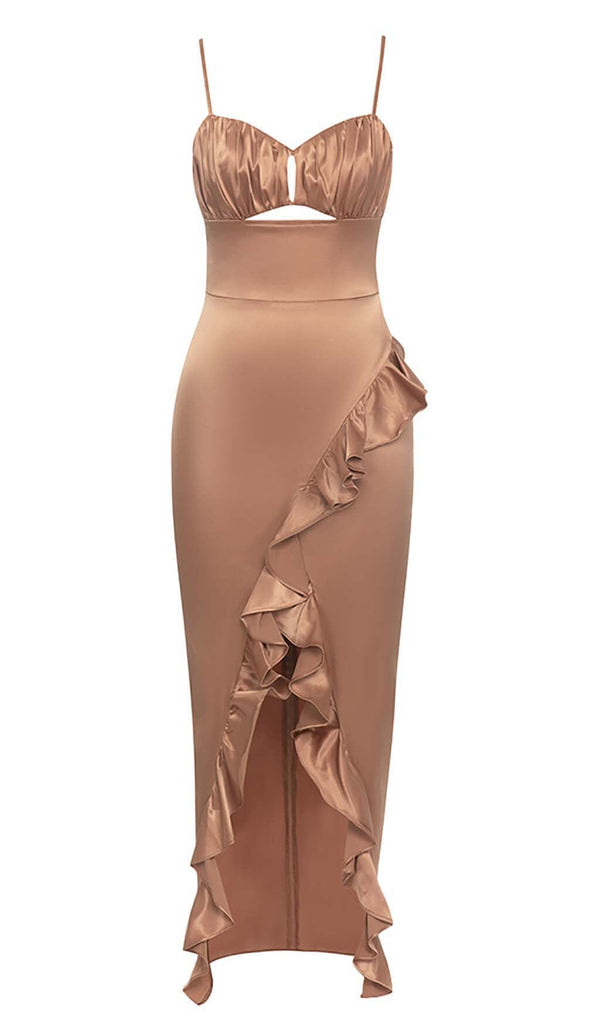 SPAGHETTI STRAP RUFFLE MIDI DRESS IN BROWN DRESS STYLE OF CB 