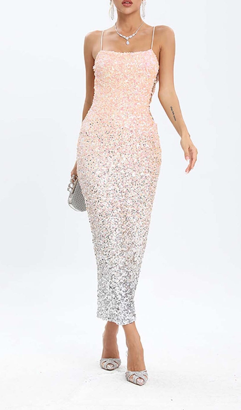 SPAGHETTI STRAP SEQUIN MIDI DRESS IN OMBRE PINK DRESS STYLE OF CB 