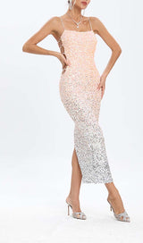 SPAGHETTI STRAP SEQUIN MIDI DRESS IN OMBRE PINK DRESS STYLE OF CB 