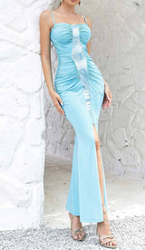 SPAGHETTI STRAP SLIT MIDI DRESS IN BLUE DRESS STYLE OF CB 