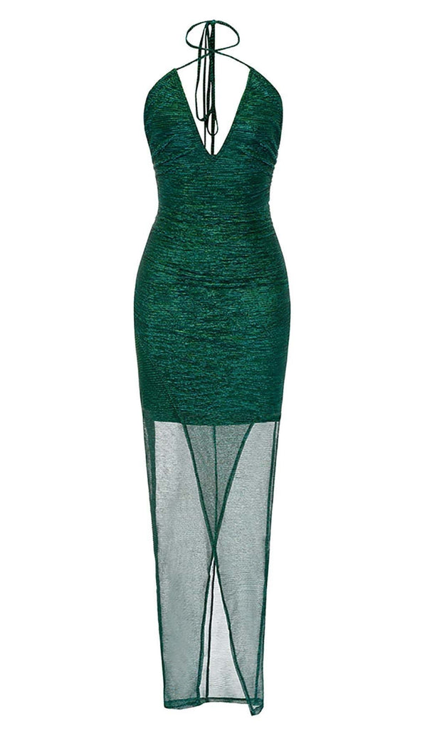 SPLIT THIGH MESH MIDI DRESS IN OLIVE GREEN DRESS STYLE OF CB 