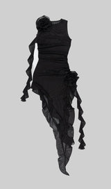 SPLIT RUFFLE MIDI DRESS IN BLACK DRESS styleofcb 