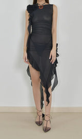 SPLIT RUFFLE MIDI DRESS IN BLACK DRESS styleofcb 