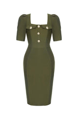 SQUARE COLLAR BUTTON MIDI DRESS IN OLIVE GREEN DRESS sis label 