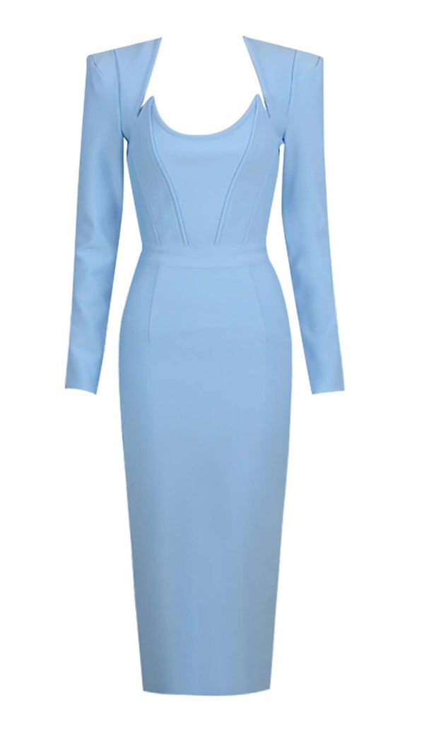 SQUARE SHOULDER CORSET MIDI DRESS IN BLUE styleofcb 