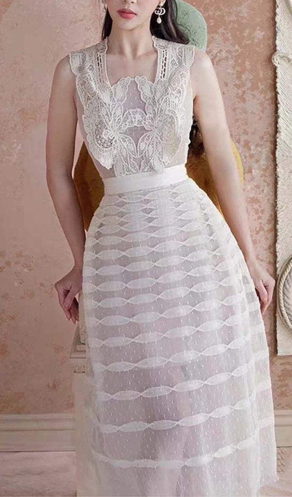 STITCHING LACE TIERED MIDI DRESS IN WHITE DRESS sis label 