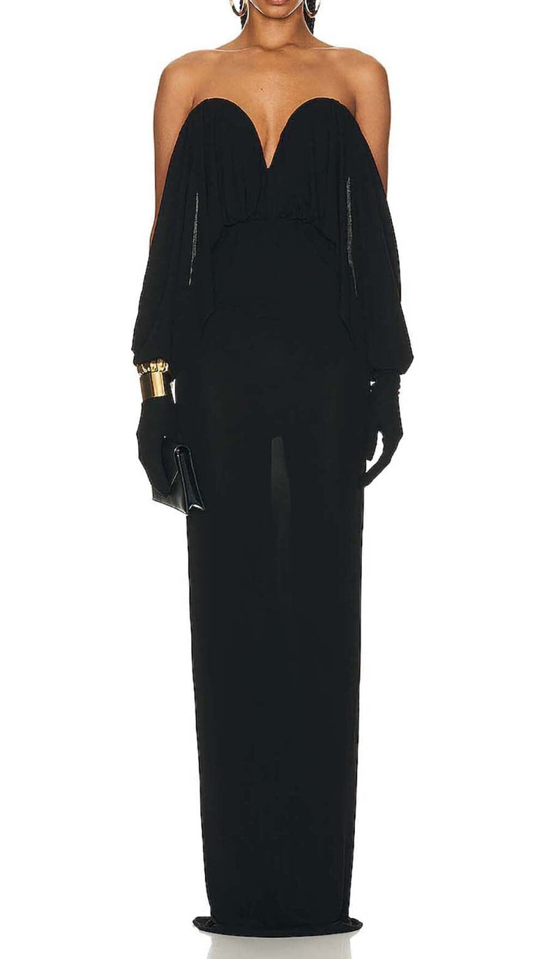 STRAPLESS DRAPED KNITTED MAXI DRESS IN NOIR sis label 