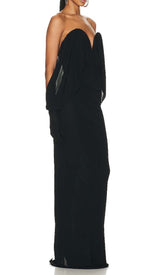 STRAPLESS DRAPED KNITTED MAXI DRESS IN NOIR sis label 