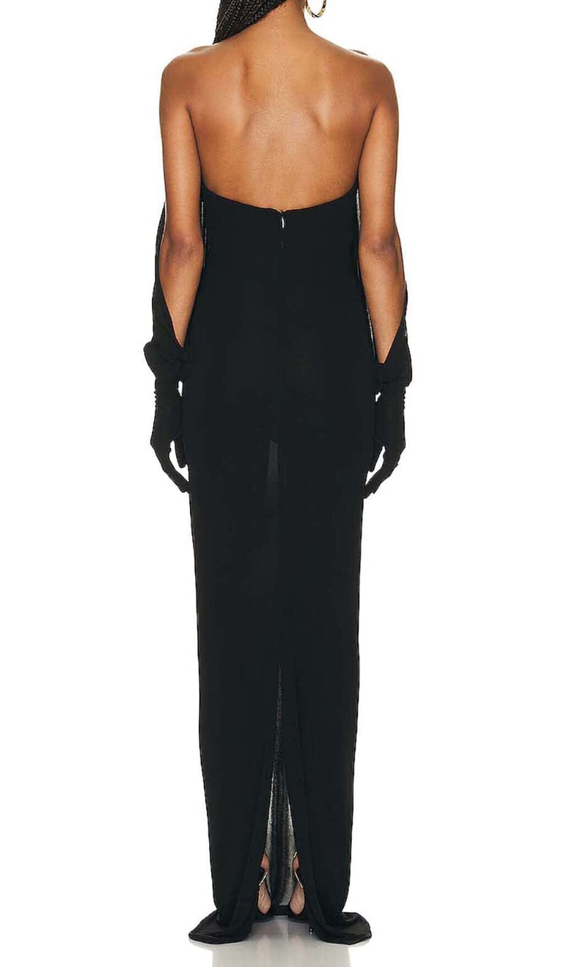 STRAPLESS DRAPED KNITTED MAXI DRESS IN NOIR sis label 