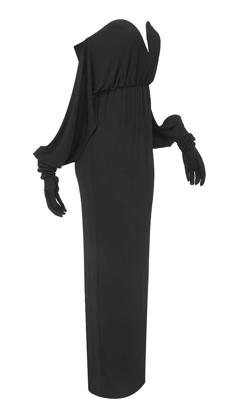 STRAPLESS DRAPED KNITTED MAXI DRESS IN NOIR sis label 