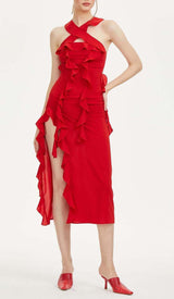 STRAPLESS RUFFLE SLIT MIDI DRESS IN RED DRESS sis label 