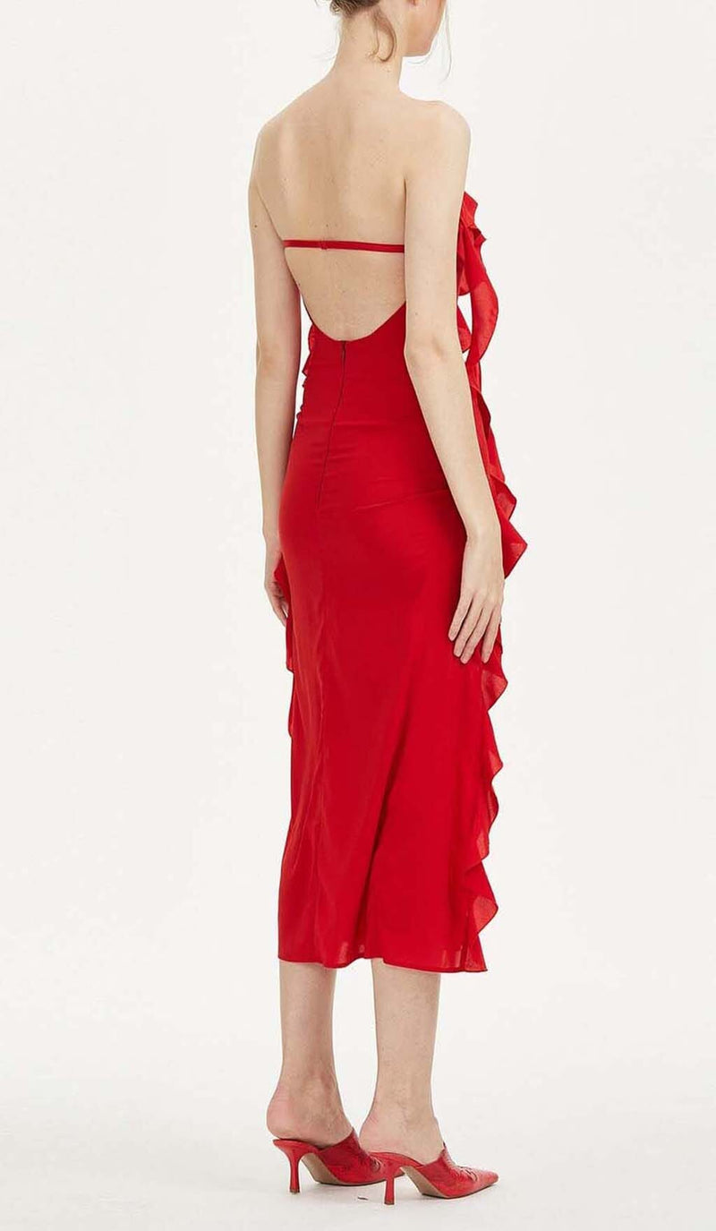 STRAPLESS RUFFLE SLIT MIDI DRESS IN RED DRESS sis label 