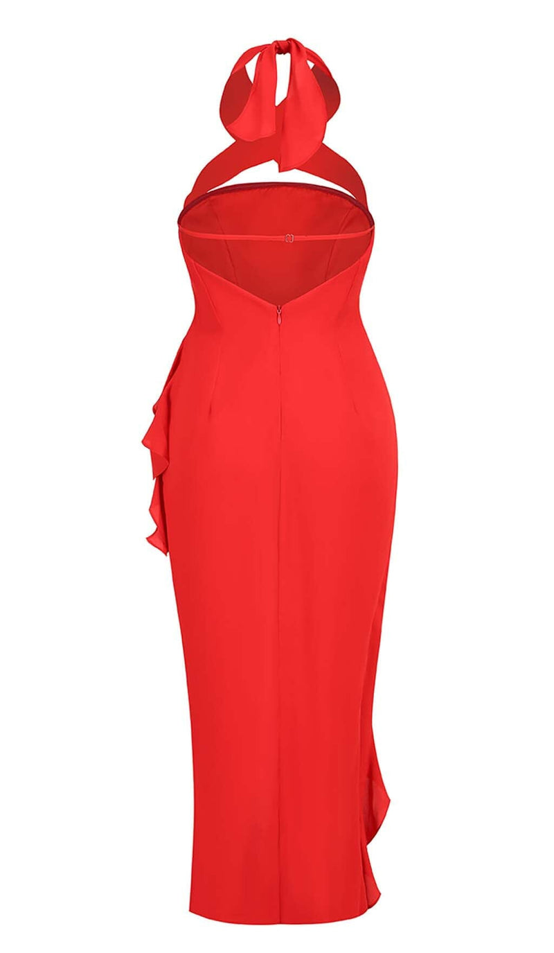 STRAPLESS RUFFLE SLIT MIDI DRESS IN RED DRESS sis label 