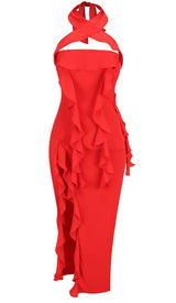 STRAPLESS RUFFLE SLIT MIDI DRESS IN RED DRESS sis label 