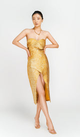 STRAPLESS SPLIT MIDI DRESS IN GOLD Dresses styleofcb 