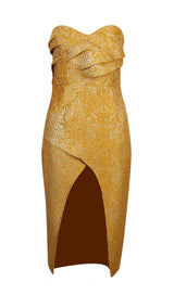 STRAPLESS SPLIT MIDI DRESS IN GOLD Dresses styleofcb 