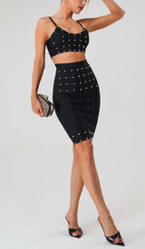 STUDDED STRAP SLEEVELESS TWO PIECE SET IN BLACK DRESS sis label 