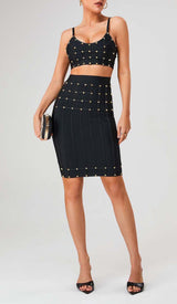 STUDDED STRAP SLEEVELESS TWO PIECE SET IN BLACK DRESS sis label 