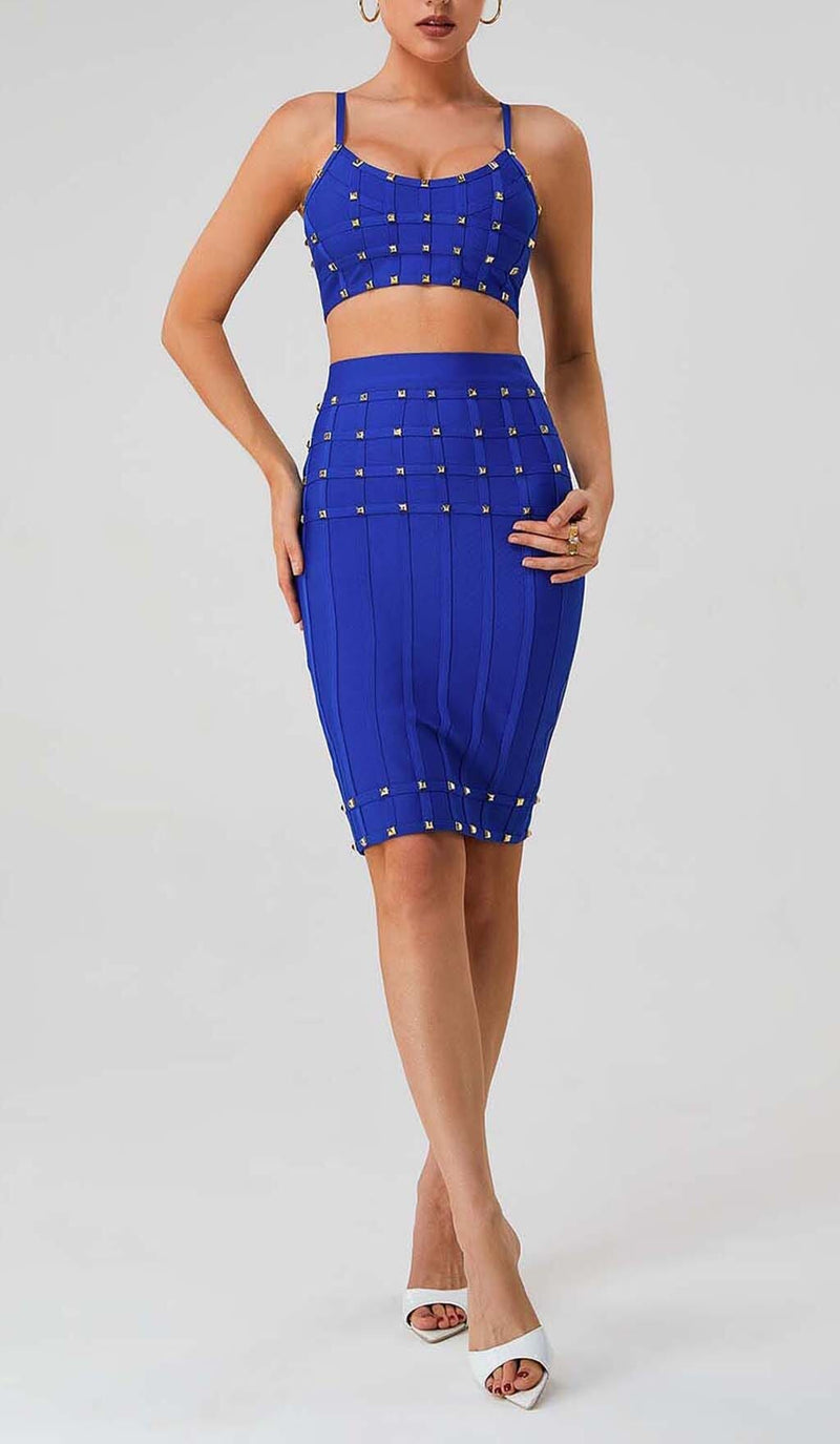 STUDDED STRAP SLEEVELESS TWO PIECE SET IN BLUE DRESS sis label 