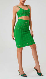 STUDDED STRAP SLEEVELESS TWO PIECE SET IN GREEN DRESS sis label 