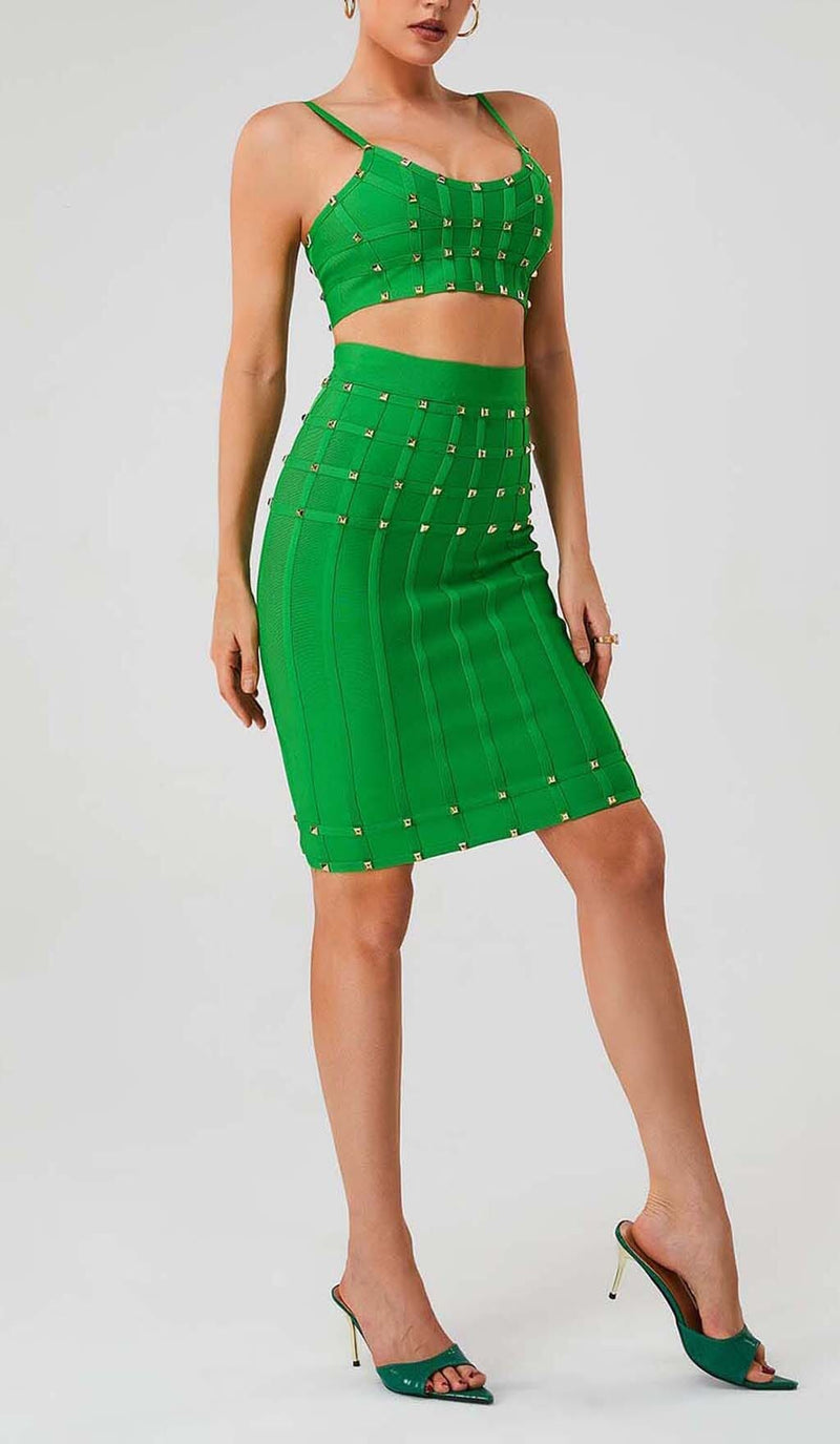 STUDDED STRAP SLEEVELESS TWO PIECE SET IN GREEN DRESS sis label 