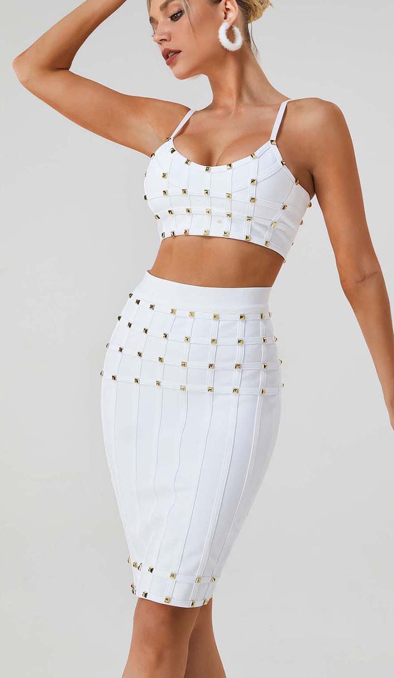 STUDDED STRAP SLEEVELESS TWO PIECE SET IN WHITE sis label 
