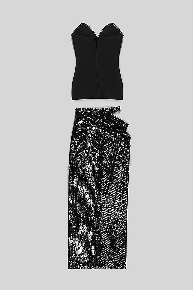 SHINY SEQUINS STRAPLESS TOP SPLIT SKIRTS TOPS & SKIRTS Oh CICI 