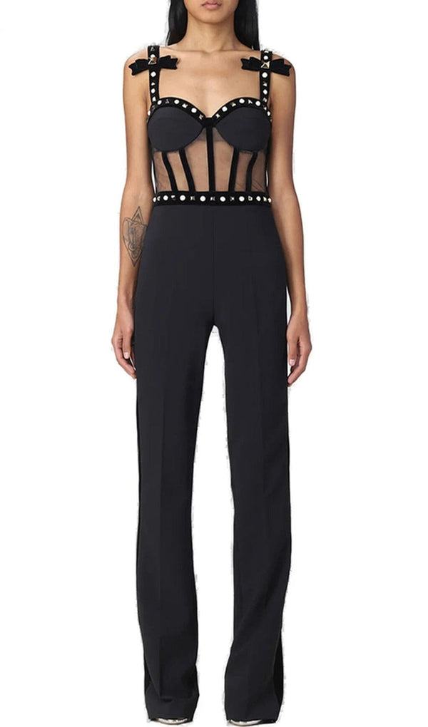 STRAPPY BEADED BANDAGE MESH JUMPSUIT BODYSUITS & JUMPSUITS styleofcb 