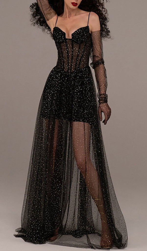 STRAPPY DRAPED RHINESTONE TULLE CORSET MAXI DRESS IN BLACK styleofcb 