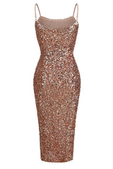 STRAPPY SEQUINS SLIT MIDI DRESS IN GOLD Sequins Dress styleofcb 