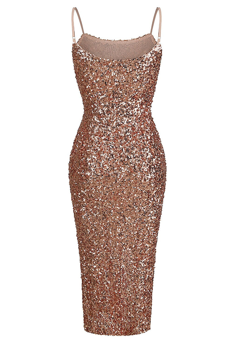 STRAPPY SEQUINS SLIT MIDI DRESS IN GOLD Sequins Dress styleofcb 