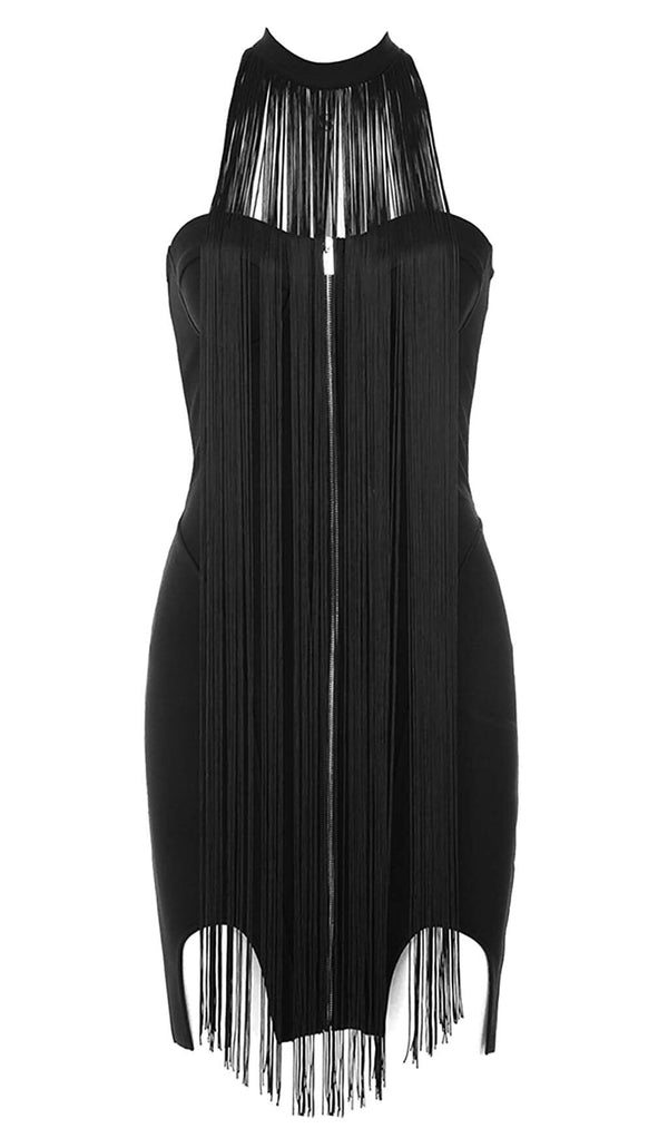 TASSEL HALTER BANDAGE MIDI DRESS IN BALCK DRESS STYLE OF CB 