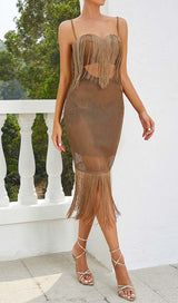 TASSEL MESH MIDI DRESS IN BROWN DRESS STYLE OF CB 