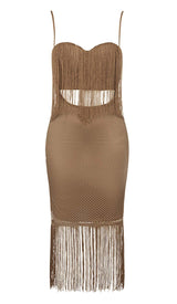 TASSEL MESH MIDI DRESS IN BROWN DRESS STYLE OF CB 