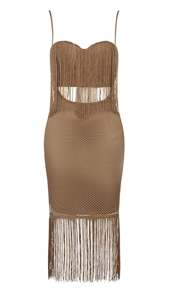 TASSEL MESH MIDI DRESS IN BROWN DRESS STYLE OF CB 