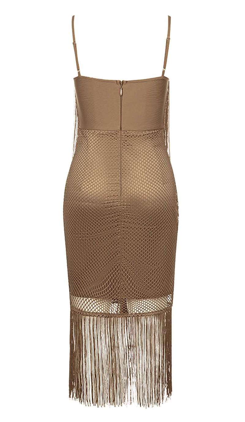 TASSEL MESH MIDI DRESS IN BROWN DRESS STYLE OF CB 