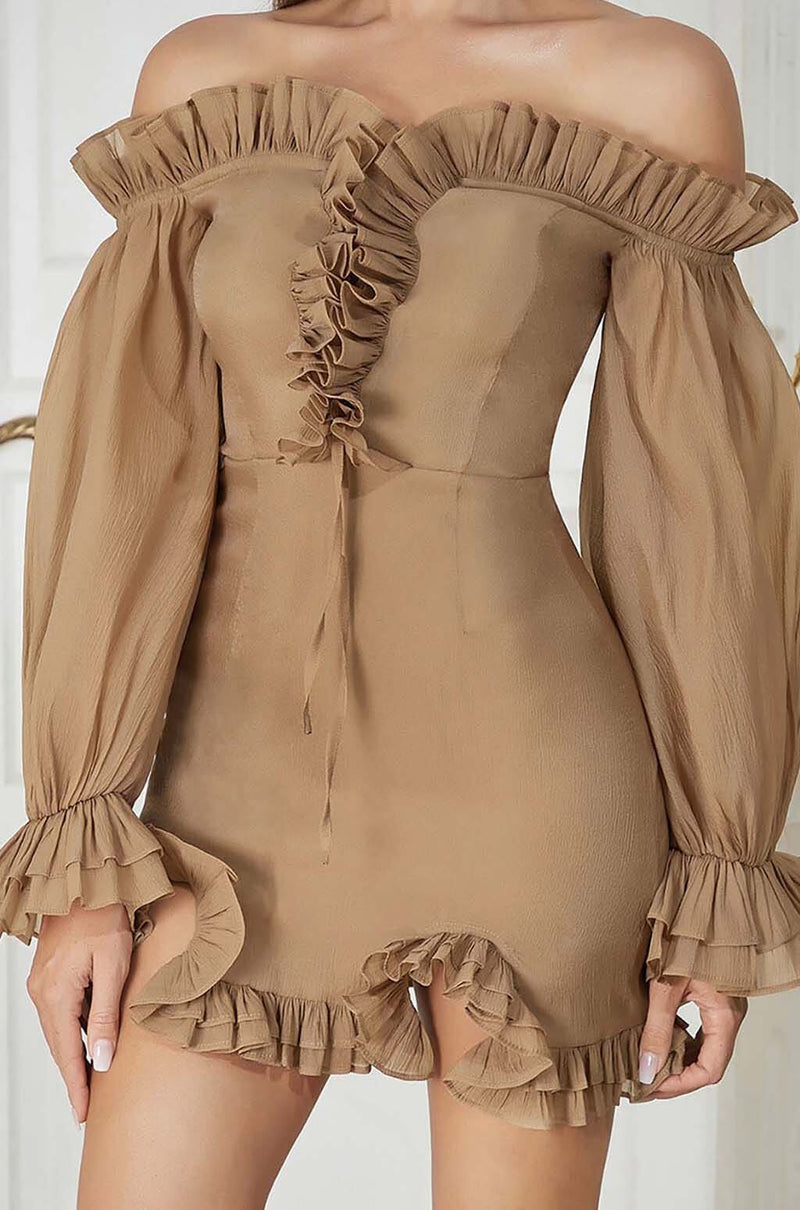 TEXTURED RUCHED FRILL MINI DRESS IN BROWN styleofcb 