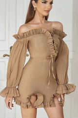 TEXTURED RUCHED FRILL MINI DRESS IN BROWN styleofcb 