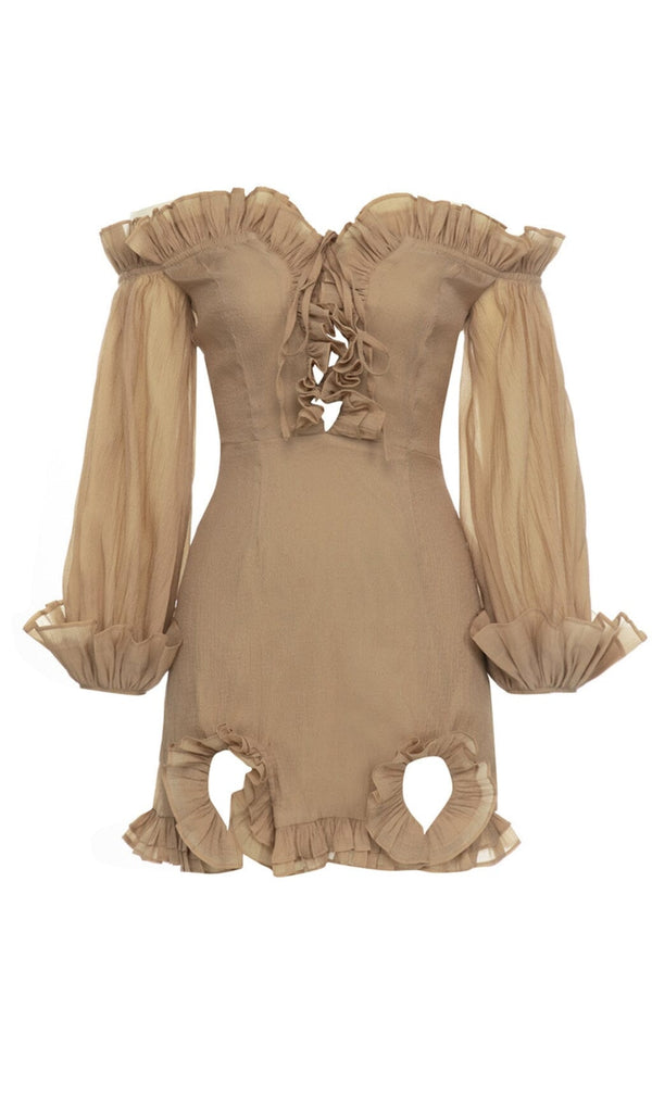 TEXTURED RUCHED FRILL MINI DRESS IN BROWN styleofcb 