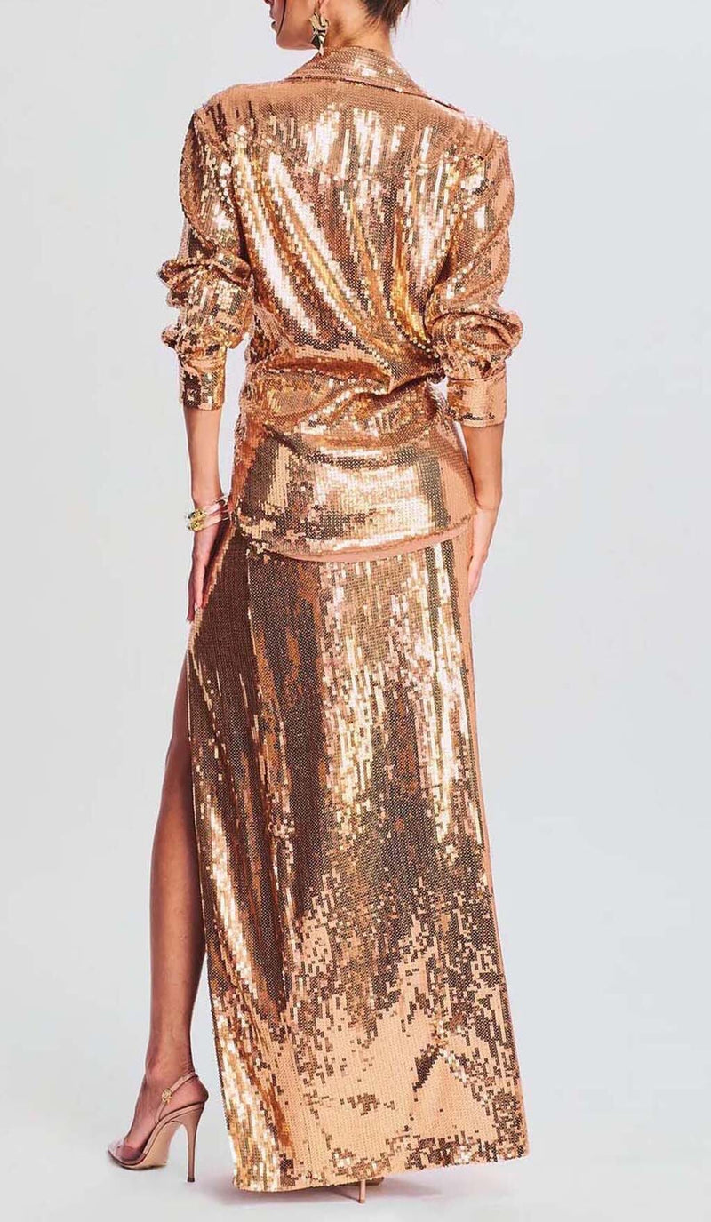 THIGH SLIT GLITTER MAXI DRESS IN METALLIC GOLD DRESS sis label 
