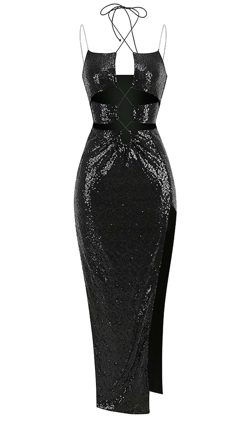 THIGH SLIT SEQUIN MAXI DRESS IN BLACK DRESS sis label 