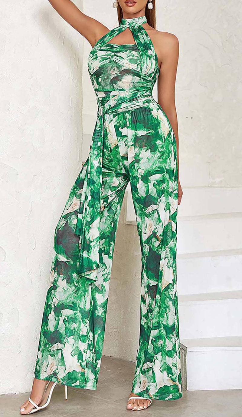 TIE FRONT HALTER NECK BACKLESS JUMPSUIT IN GREEN DRESS styleofcb 