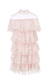 TIERED LACE TRIM MIDI DRESS IN PINK DRESS STYLE OF CB 