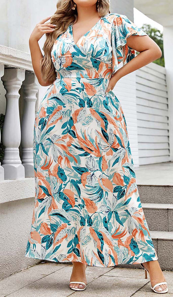 TROPICAL PRINT BUTTERFLY SLEEVE MIDI DRESS IN MULTI COLOR DRESS styleofcbdress 