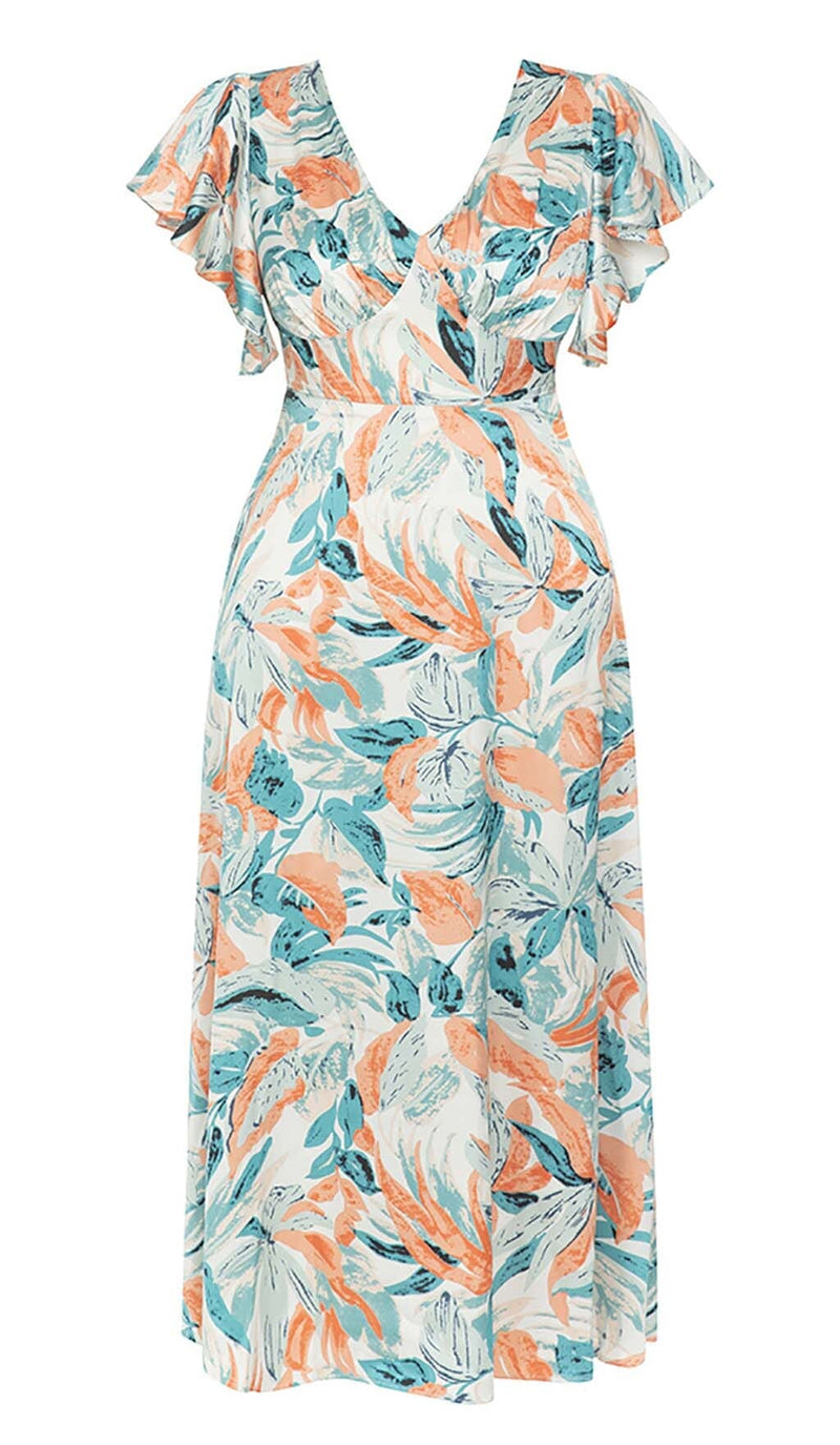 TROPICAL PRINT BUTTERFLY SLEEVE MIDI DRESS IN MULTI COLOR DRESS styleofcbdress 