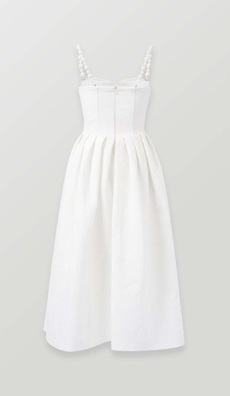 TWISTED PEARL STRAP MIDI DRESS IN WHITE DRESS STYLE OF CB 