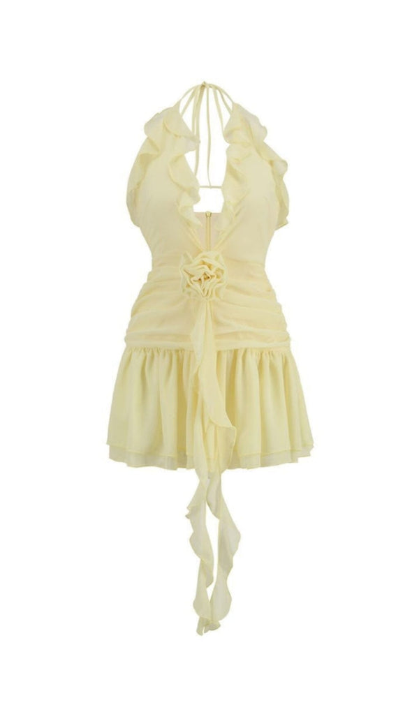 V NECK FLOWER RUFFLE MINI DRESS IN YELLOW Dresses styleofcb 