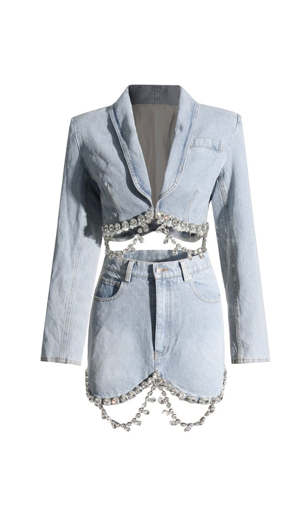 CRYSTAL FRINGE CHAIN DENIM SUIT Outerwear Oh CICI 