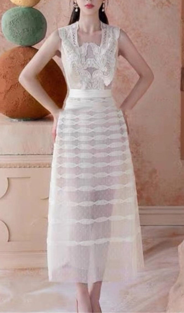 STITCHING LACE TIERED MIDI DRESS IN WHITE DRESS sis label 