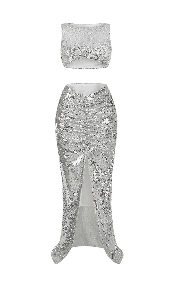 SEQUIN SLIT TWO-PIECE SUIT IN METALLIC SILVER DRESS STYLE OF CB 